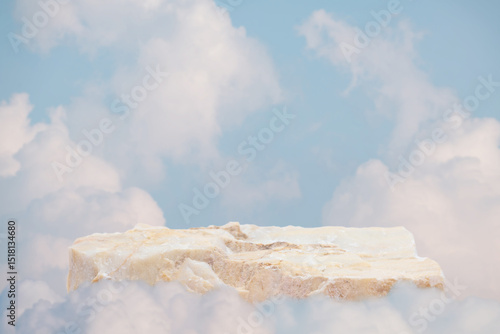 Stone table top podium floor outdoor on blue sky soft white cloud background.Beauty cosmetic product placement pedestal rock stand display,summer paradise dreamy concept.