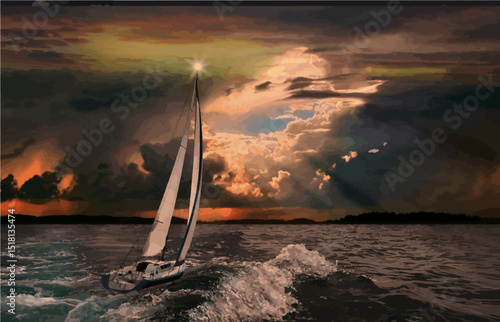 sailboat at sunset in stormy weather vector illustration 