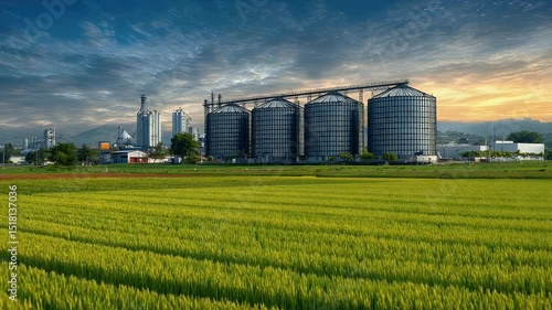 Lush green rice fields with towering silos and a city skyline under a dramatic sunset backdrop