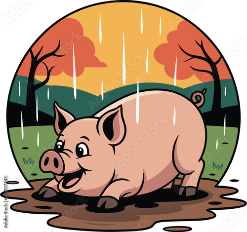 Playful Piglet in the Rain