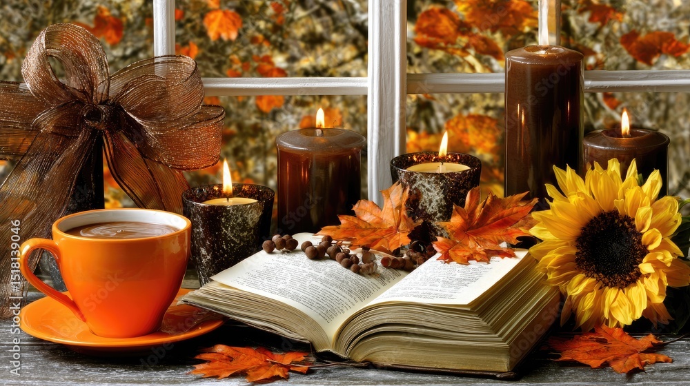 Fototapeta premium A cozy autumn scene with an open book