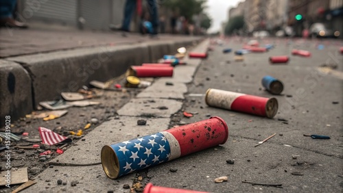 Firework casings scattered on a city street, showcasing patriotic colors and celebration aftermath.