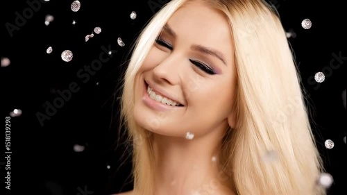 Blonde woman with a diamonds surround her with elegant moments of joy