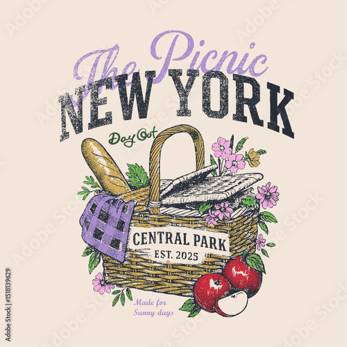 Summer Picnic vector design,  vintage t-shirt design. New york picnic day artwork for t shirt, poster, graphic print, Holiday elements illustration