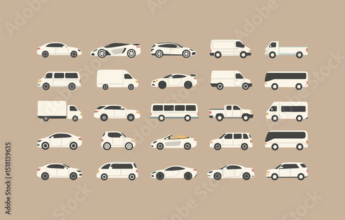 Collection of White Car Illustrations Representing Various Body Styles and Vehicle Types Including Sedans Vans Trucks Buses and Sports Cars on Neutral Background