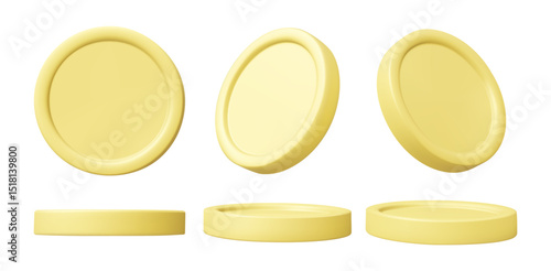 3D illustration vector render of gold coin front, side and angle view isolated on white background. Conveys money, wealth, accumulation, investment and finance. Minimal.