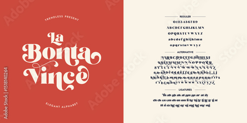 La Bontà Vince: Elegant classic lettering with minimalist style. Complete A–Z alphabet, numbers, uppercase, lowercase, ligatures, and stylistic alternates.