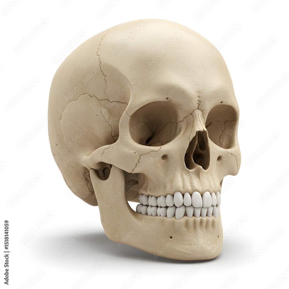 Obraz premium Human skull isolated on white background, a scary anatomy object of bone and teeth, perfect for Halloween or medical themes