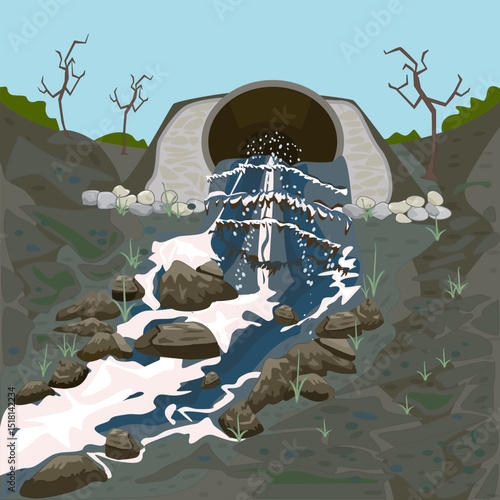Wastewater, dirty water from pipe. Dirty effluent discharge from pipe. From tube flowing toxic liquid. Waste water pollution from industry. Environmental pollution.Muddy swamp.Ecological damage.Vector
