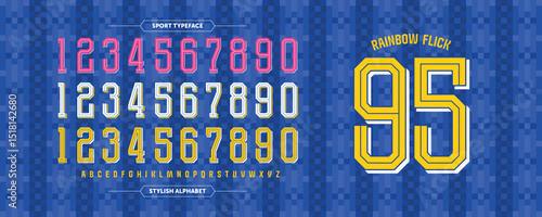 Rainbow Flick 95: Sport lines number design. Camouflage Jersey concept with good yellow-blue color combination. Typography condensed Vector illustration