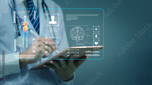 doctor using tablet with digital human anatomy and brain interface, smart healthcare, AI diagnosis, and future medical innovation technology. health check concept.
