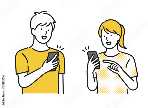 イラスト素材：スマホを見ている若い男女のイラスト