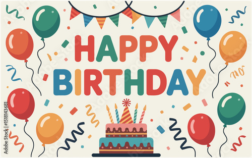 Festive Birthday Card Design Colorful Balloons, Cake, and Confetti