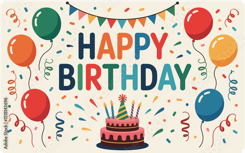 A Festive Birthday Card Featuring Balloons, Cake, and Confetti