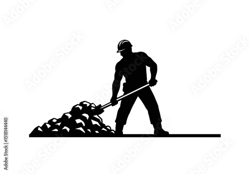 Construction Worker Silhouette Hard Hat, Shovel, and Pile of Rocks