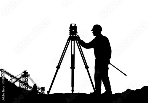 Surveying Professional with Theodolite at Mining Site Black and White Silhouette Illustration