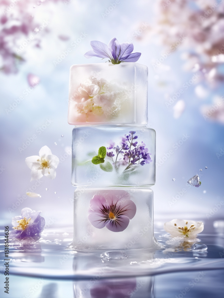 Stack of ice cubes encasing colorful flowers melting in water Stack of ice cubes encasing colorful flowers melting in water