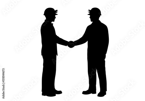 Silhouette of Two Construction Workers Shaking Hands Partnership and Teamwork