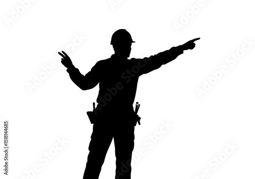 Construction Worker Silhouette  Pointing, Tool Belt, Safety Helmet