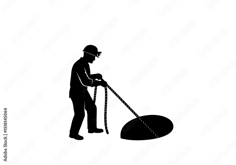 Obraz premium Miner operating drilling equipment underground, black and white illustration