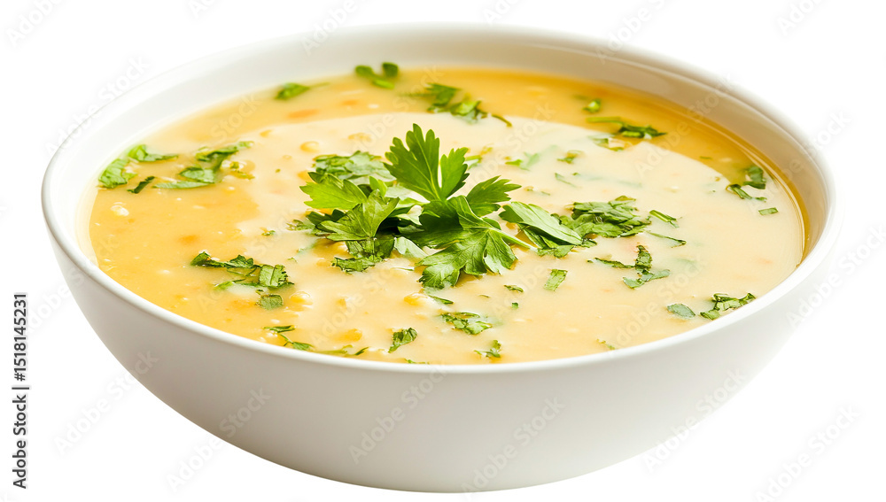 Creamy lentil soup in a white bowl with parsley garnish isolated on transparent PNG Creamy lentil soup in a white bowl with parsley garnish isolated on transparent PNG