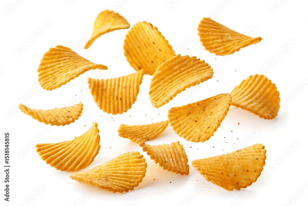 Delicious crispy wavy potato chips falling isolated on white background promoting snack food Delicious crispy wavy potato chips falling isolated on white background promoting snack food