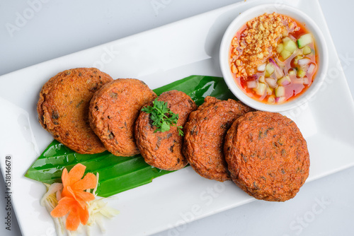 Obraz na plátně Thai Fish Cakes with Sweet Chili Sauce (Tod Mun Pla)