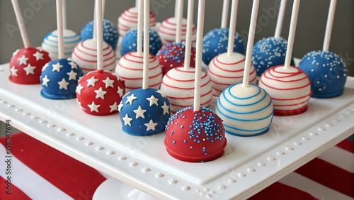 A delightful array of red, white, and blue cake pops on a decorative white platter.