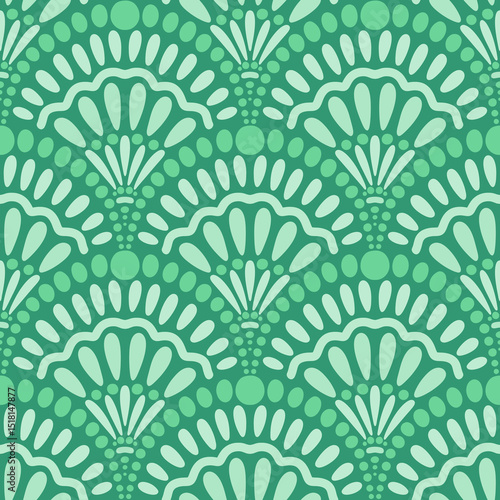 Scallop shape dotted seamless pattern in green colors. Monochromatic dots in hand drawn repeat endless background. Raster illustration for fabric, packaging, textile, apparel, wallpaper