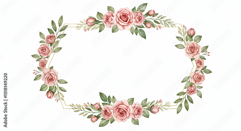 Fototapeta premium Pink Roses and Green Leaves Oval Frame with Gold Accents