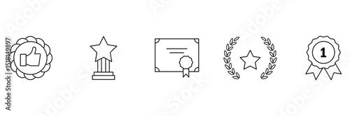 Champion reward icon collection with medal badge certificate trophy winner sign vector illustration for success recognition achievement honor motivation.