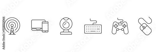 Digital communication and computer input device icon collection including webcam game controller keyboard mouse vector line illustration design set.