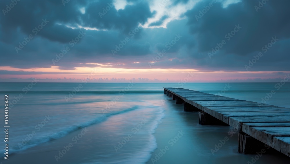 Fototapeta premium Sunrise over a misty wooden bridge at dawn with long exposure effects