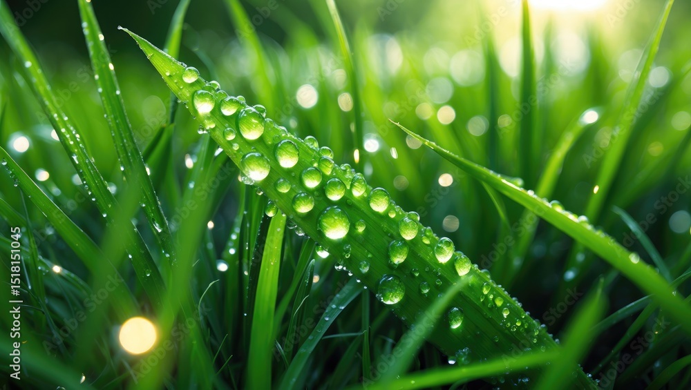 Naklejka premium Green leaves adorned with water droplets against a fresh, soothing background for promotion and renewable energy themes.