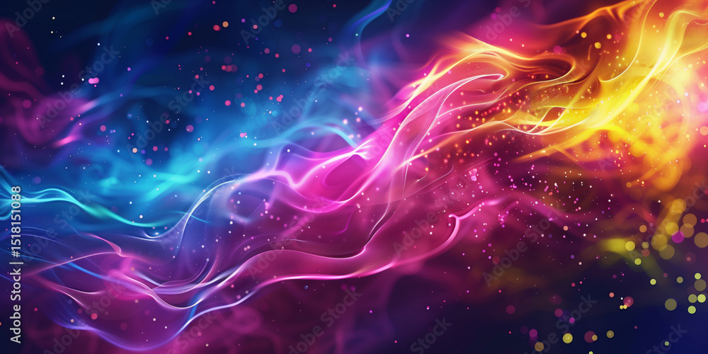 Fototapeta premium Abstract flowing wave of colorful energy lines in blue, pink, and yellow on a dark background, symbolizing neural pathways and digital data streams.