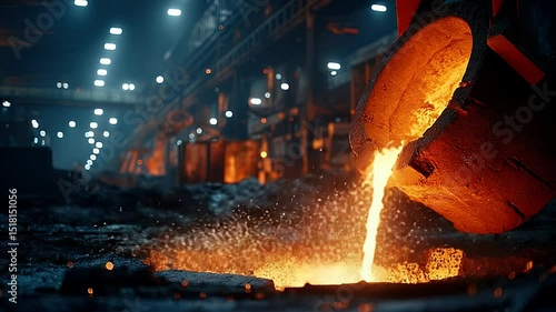 Molten metal pours from a furnace in a bustling industrial foundry, illuminated by overhead lights