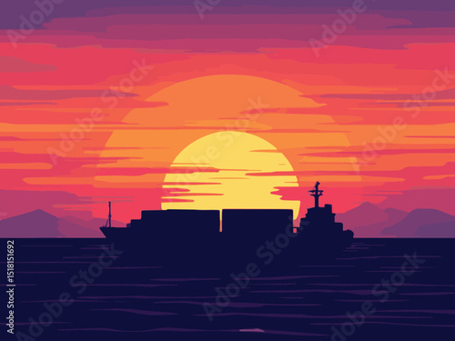 Cargo Ship at Sunset
