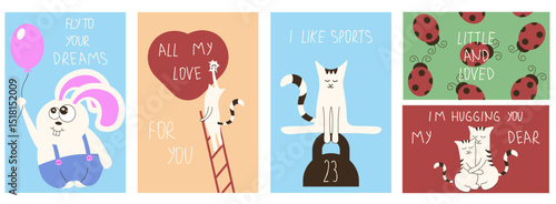 Set of cute art posters for kids room wall. Vector illustrations of cat, bunny, ladybug, heart perfect for birthday greeting card, background or postcard cover print. EPS 10