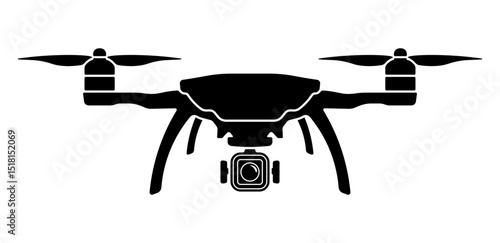 Black line icon of drone or quadcopter with camera. Minimalist vector symbol of flying unmanned aerial vehicle. Isolated on transparent background.
