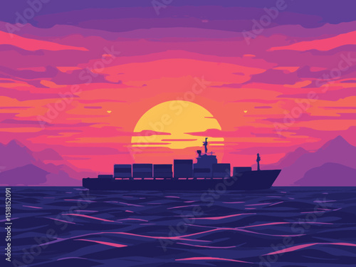 Cargo Ship at Sunset