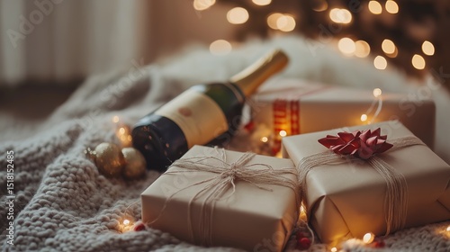 Festive holiday setup with glowing lights, wrapped gifts, and champagne on an elegant table, celebrating warmth and joy