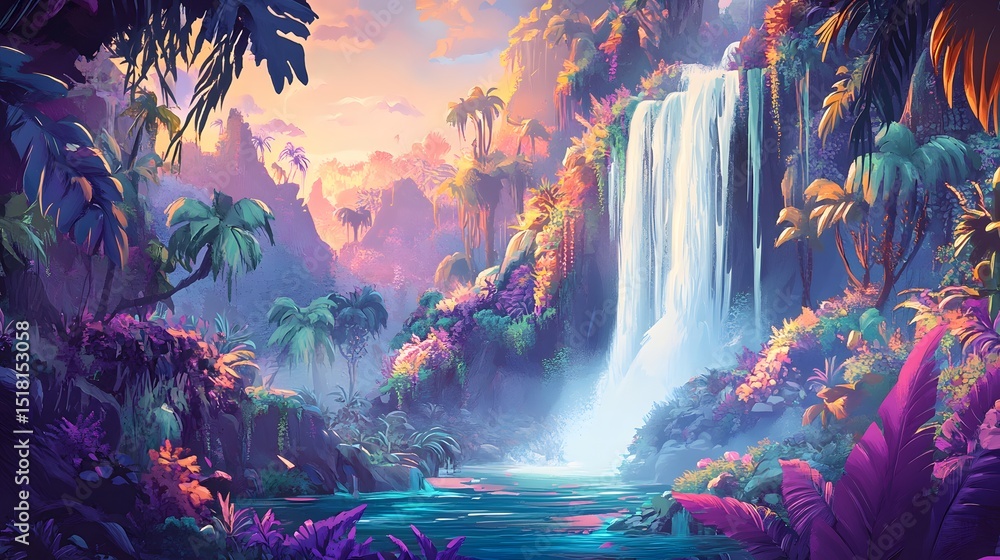 Obraz premium A vibrant waterfall cascading through a lush tropical landscape.