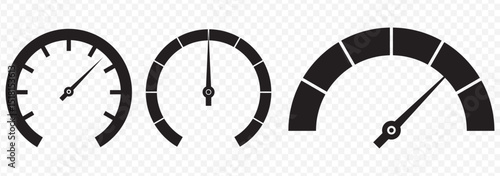 Black and White speedometer set. Vector illustration Speedometer, tachometer icon. Speedometer indicator icon collection on Transparent Background. EPS 10.