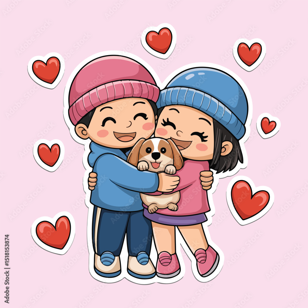 Cute cartoon couple hugging a puppy amidst hearts and balloons. Cute cartoon couple hugging a puppy amidst hearts and balloons.