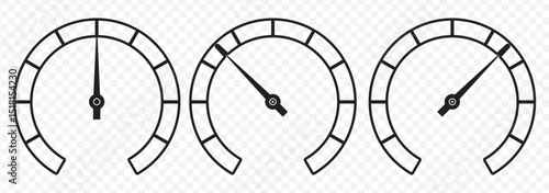 Black and White speedometer set. Vector illustration Speedometer, tachometer icon. Speedometer indicator icon collection on Transparent Background. EPS 10.