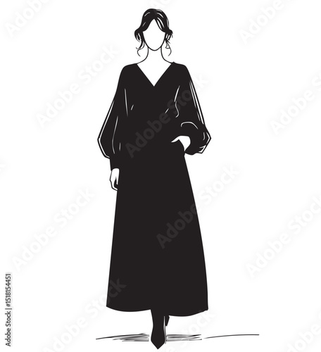 Stylish fashion models. Fashion girls Sketch. Woman in black dress