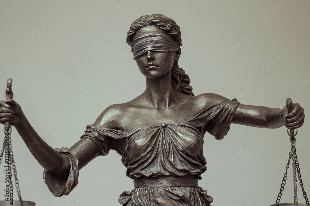 Full shot of bronze Lady Justice statue, blindfolded woman symbolizing justice, detailed and high quality composition Full shot of bronze Lady Justice statue, blindfolded woman symbolizing justice, detailed and high quality composition