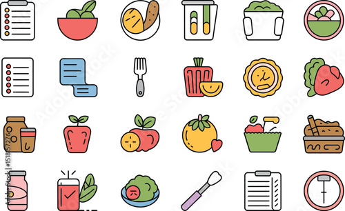 Healthy food and dieting icon set featuring fresh produce and kitchenware