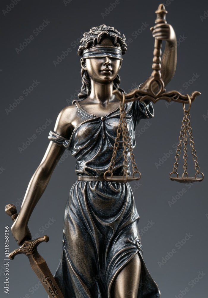 Full shot of bronze Lady Justice statue, blindfolded woman symbolizing justice, detailed and high quality composition Full shot of bronze Lady Justice statue, blindfolded woman symbolizing justice, detailed and high quality composition