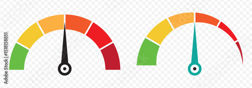 Speedometer, gauge meter icons. Vector scale, level of performance. Speed dial indicator . Green and red, low and high barometers, dashboard with arrows. Infographic of risk, gauge . EPS 10.